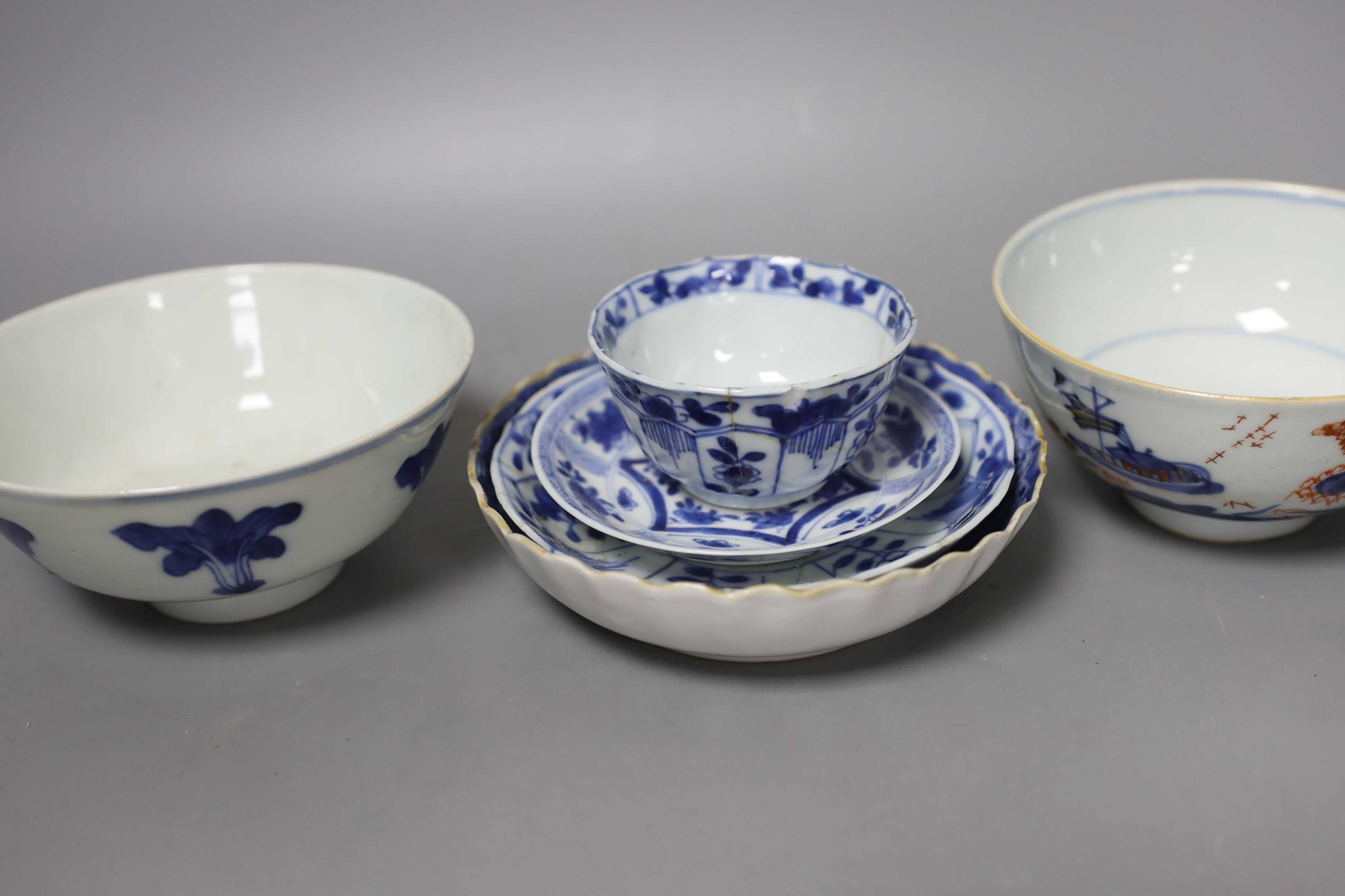 A collection of seven various 18th century and later Chinese tea and rice bowls and two saucers, a single large saucer (10)